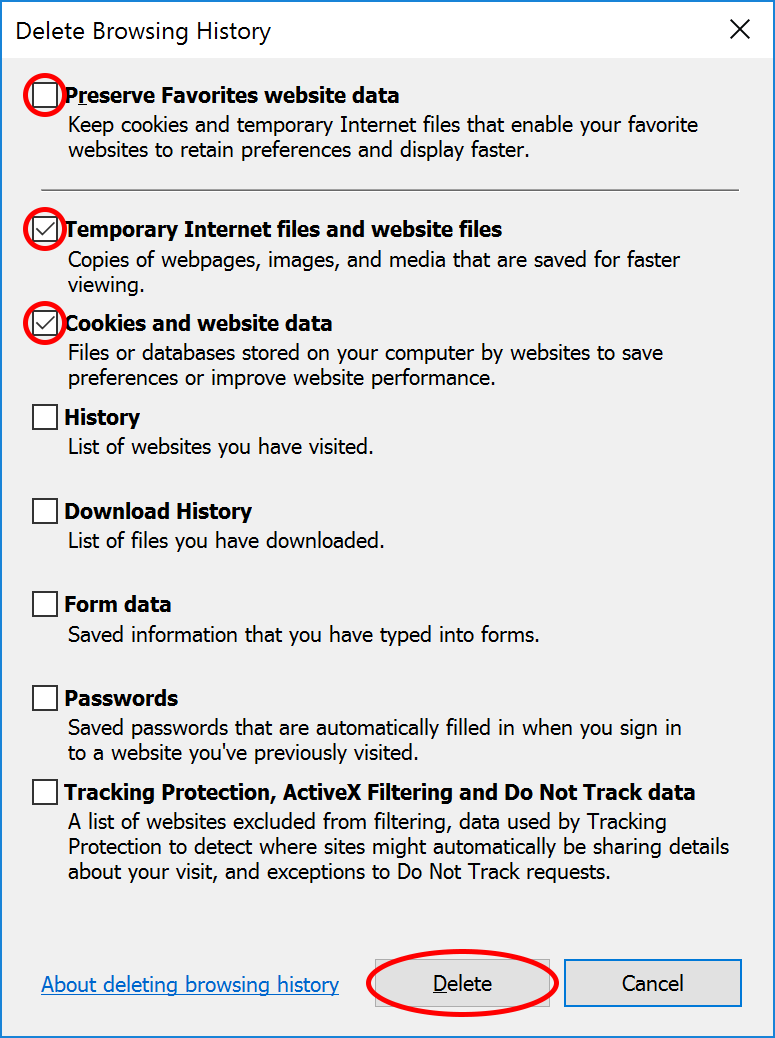 Uncheck Preserve Favorites website data; Check both Temporary Internet Files and Cookies; > Delete